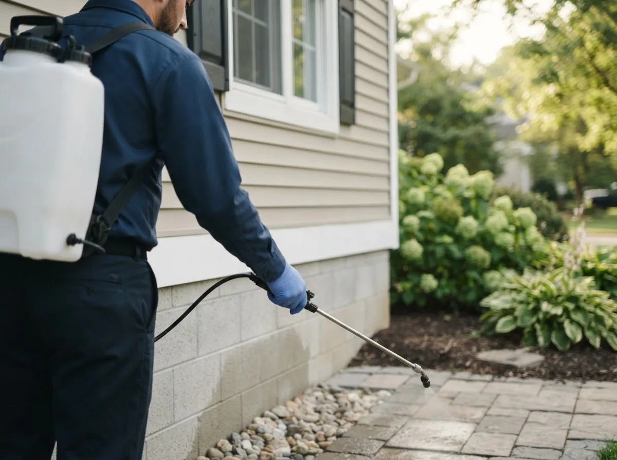 Pest control technician inspecting a home in Drybranch, WV